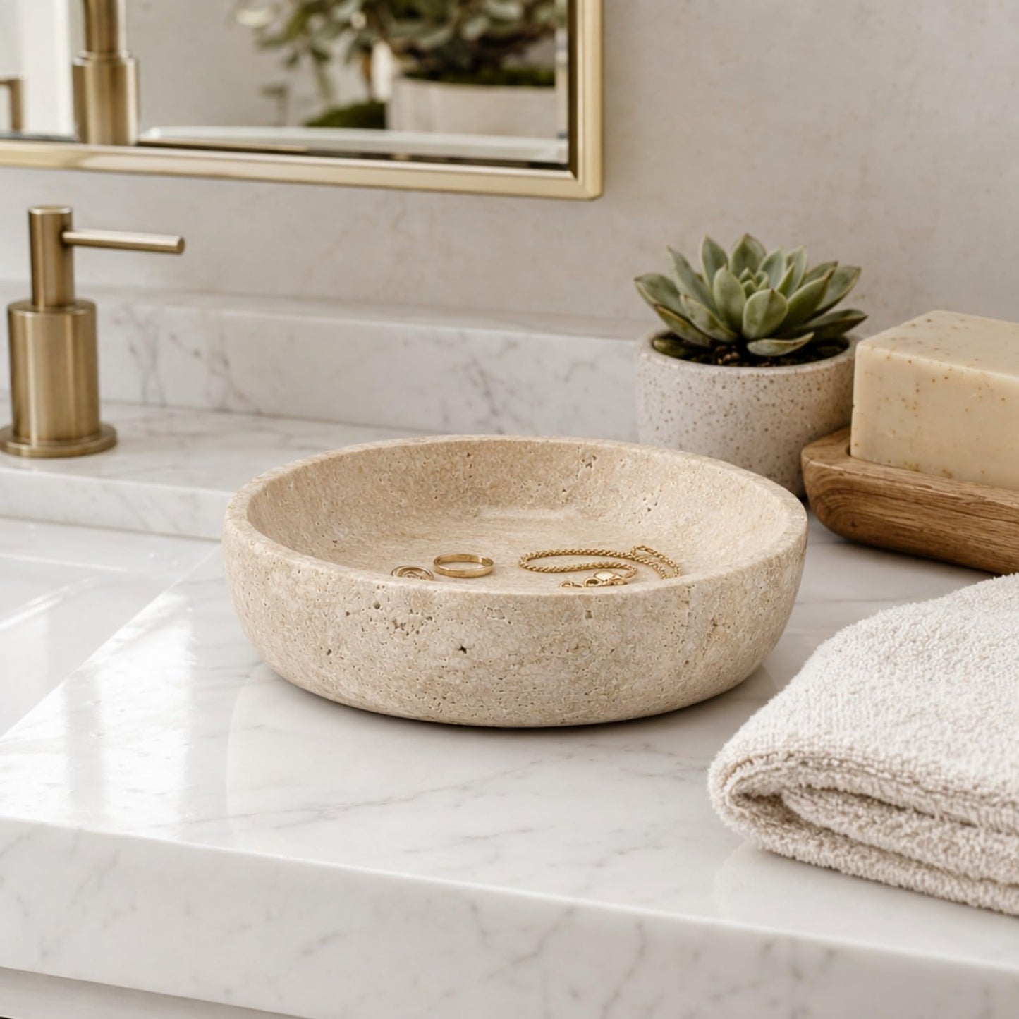 Natural Travertine Decorative Bowl 7.8", Travertine Bowl & Natural Stone Centerpiece for Coffee Table Decor, Ring Tray, For Entryway, Kitchen Fruit Bowl, Potpourri, Dining Table Centerpiece.
