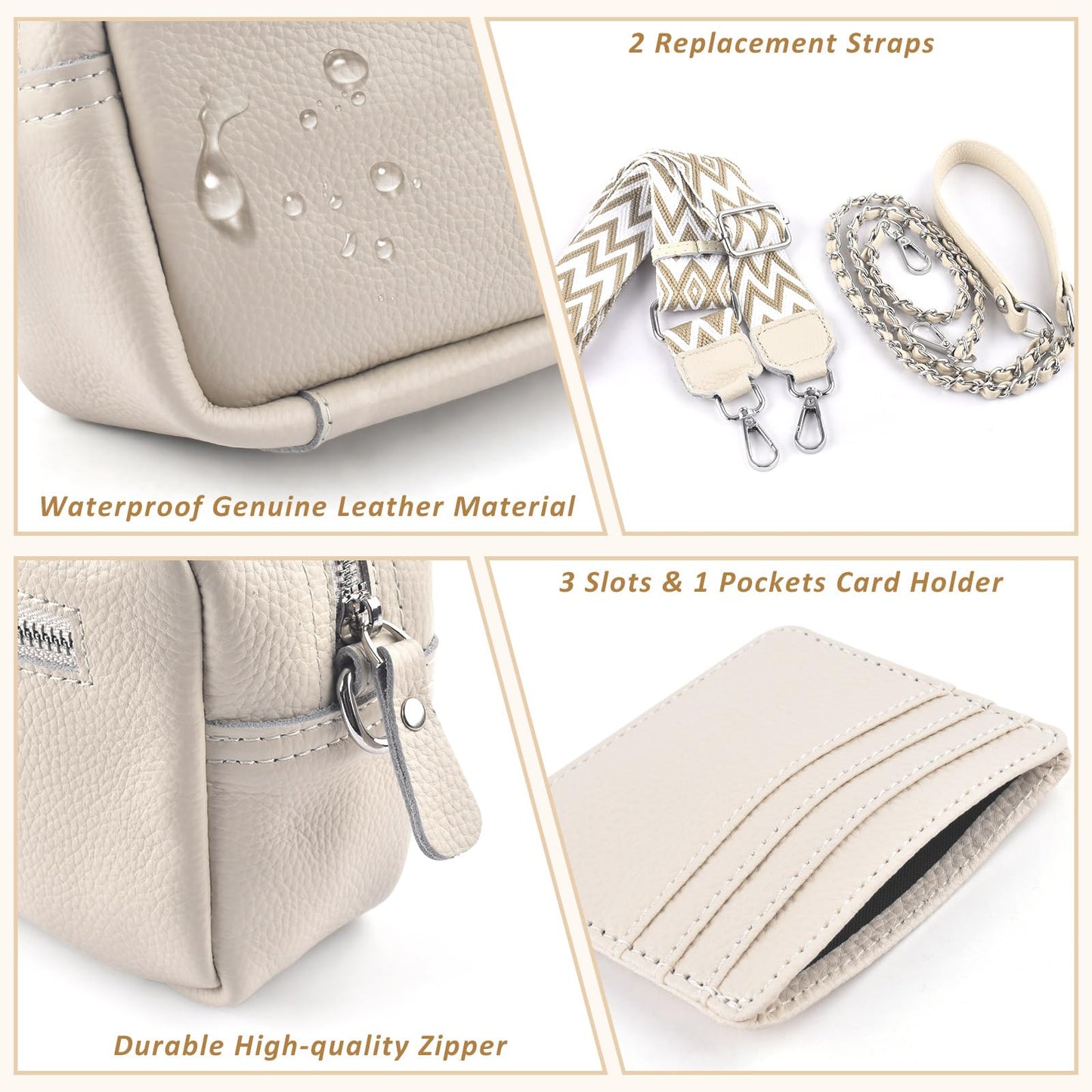 BROTOU Crossbody Bag for Women, Leather Handbag & Shoulder Bag with Adjustable Wide Strap, Chain Strap & 3-Slot Card Holder, Camera Cross Body Bag for Lady Girl Shopping Daily Use (A-Beige)