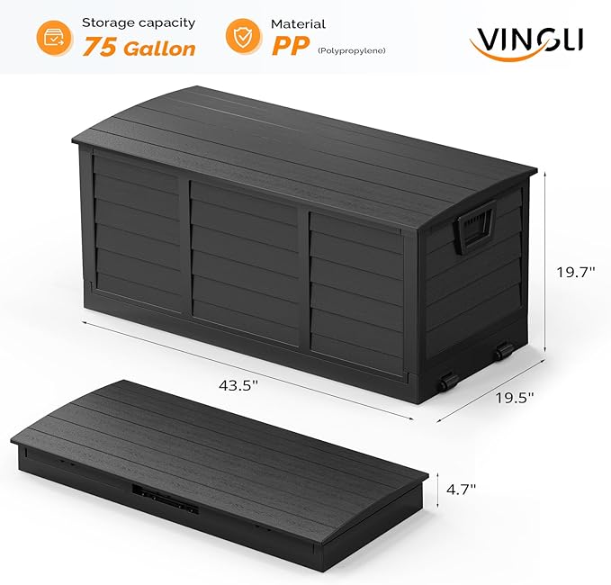 VINGLI 75 Gallon Collapsible Outdoor Storage Box, Simple-to-assemble Plastic Storage Containers with Lid, Patio Deck Box Furniture for Garden, Pool, Balcony, Yard (Full Black)