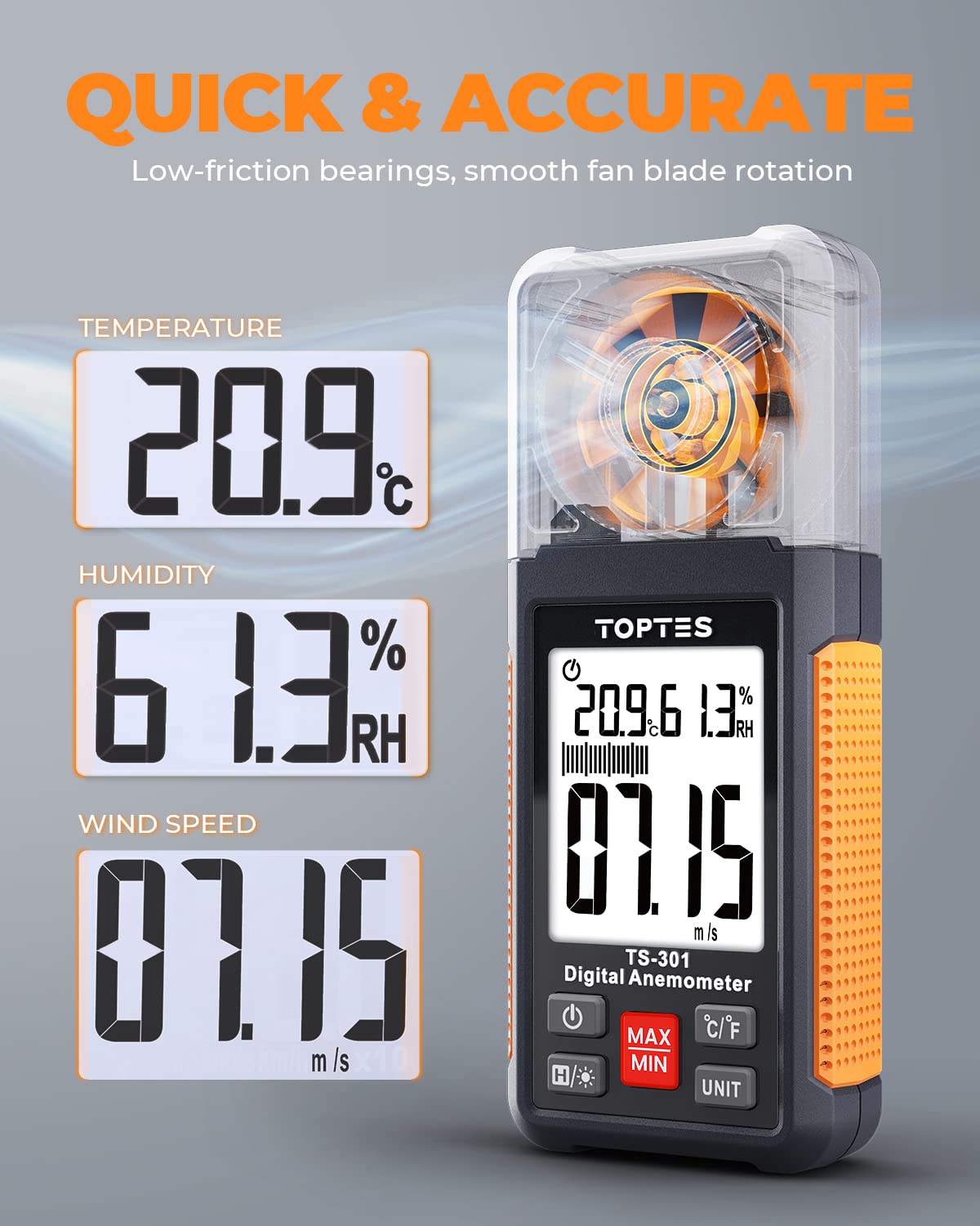 TopTes TS-301 Anemometer Wind Speed Meter, 2.26-Inch Display Wind Meter with Backlight, Max/Min/Average - Orange