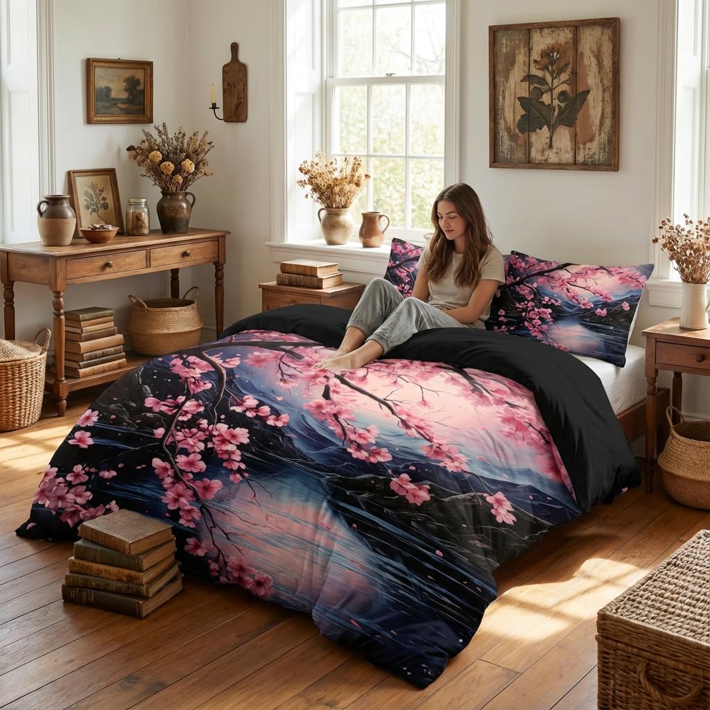 CCoutueChen Cherry Blossoms Bedding Set Queen Size, Black Pink Japanese Comforter Set for Girls, 3Pcs Soft Microfiber Quilted Set with 2 Pillowcases, 90"x90"