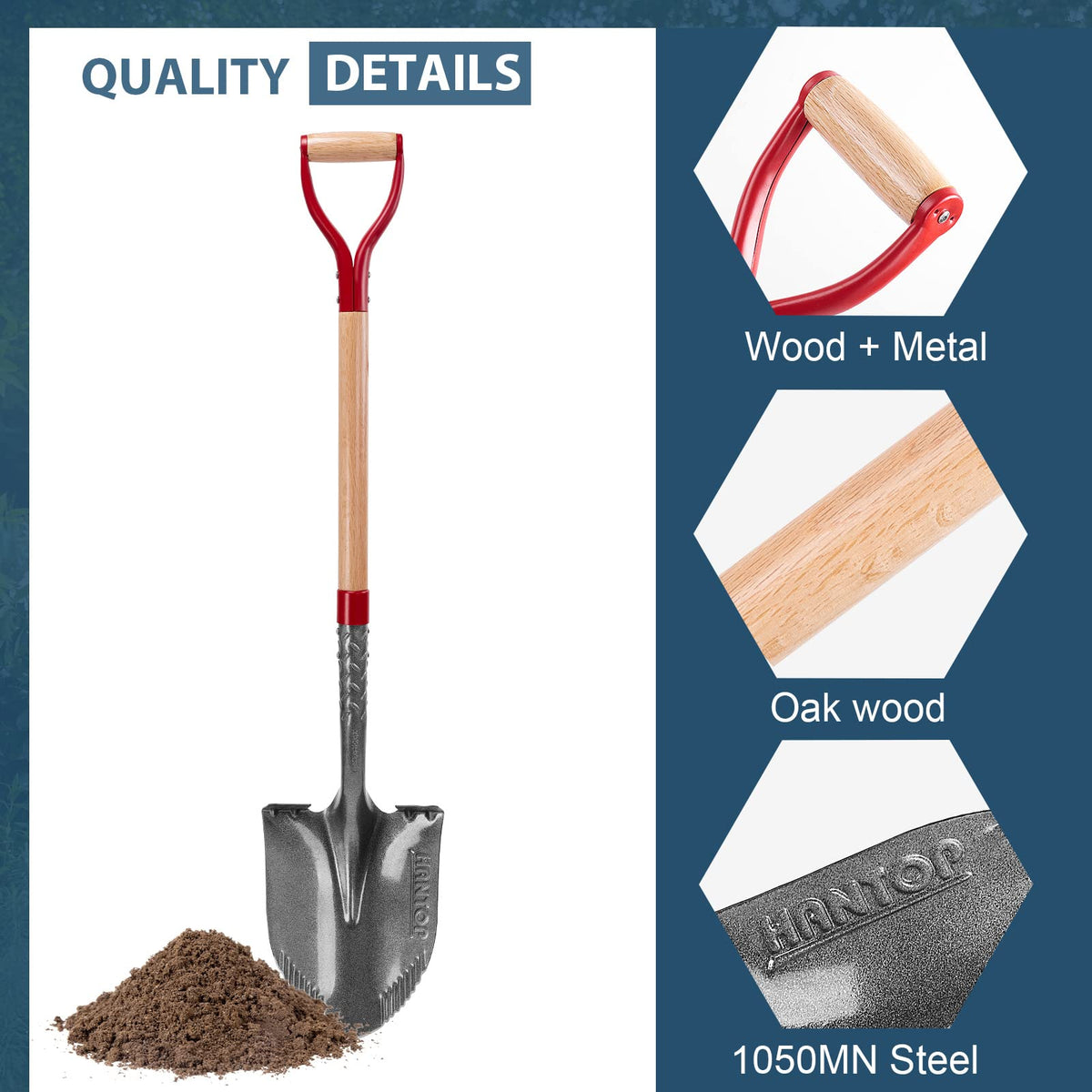 HANTOP Garden Shovel Round Digging Shovel Heavy Duty Shovels for Digging Trenching Gardening Camping, 43 inches