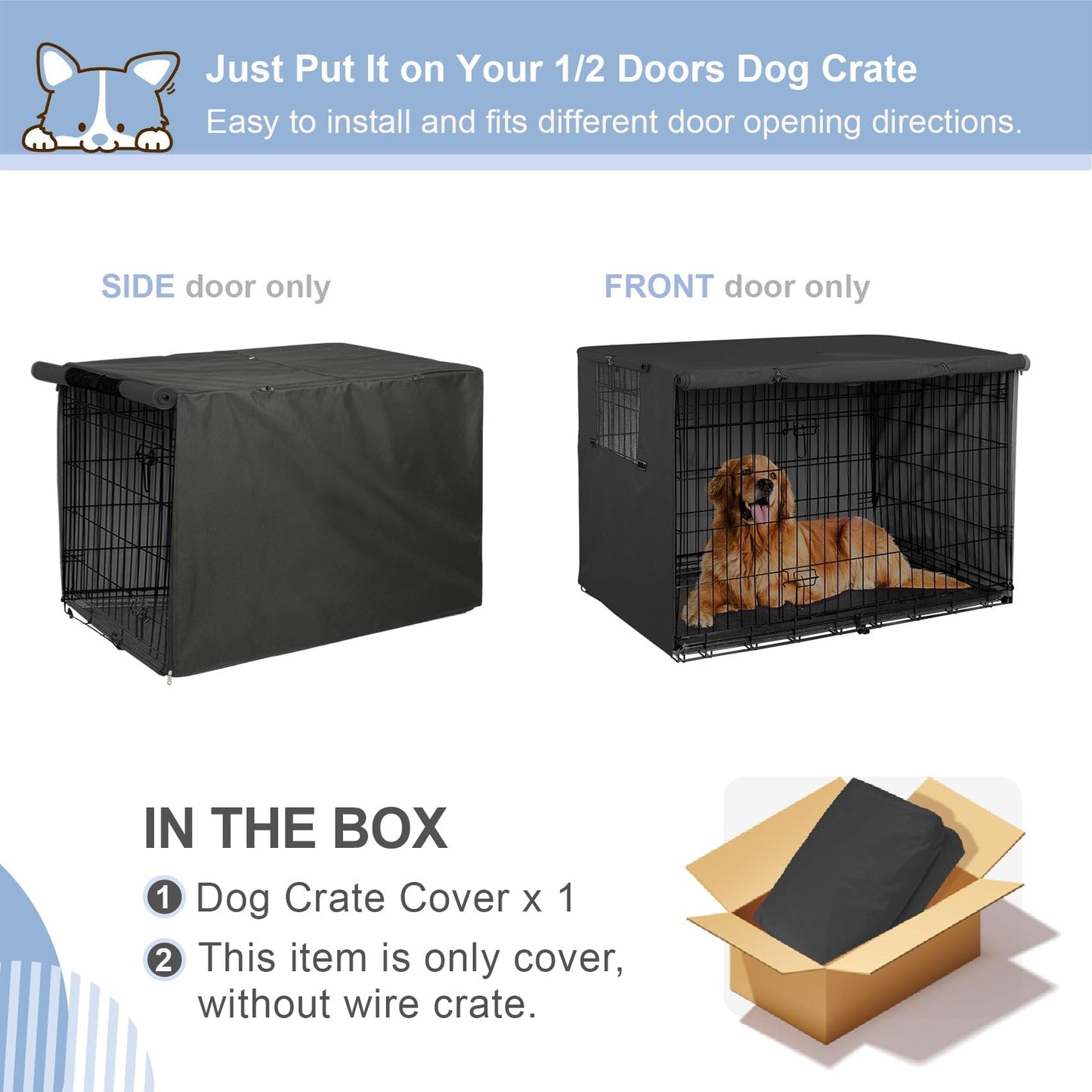 Explore Land Dog Crate Cover Durable - Polyester Pet Kennel Cover Universal Fit for 24-48 inches Wire Dog Crate (36 Inch (Pack of 1), Black Cover)