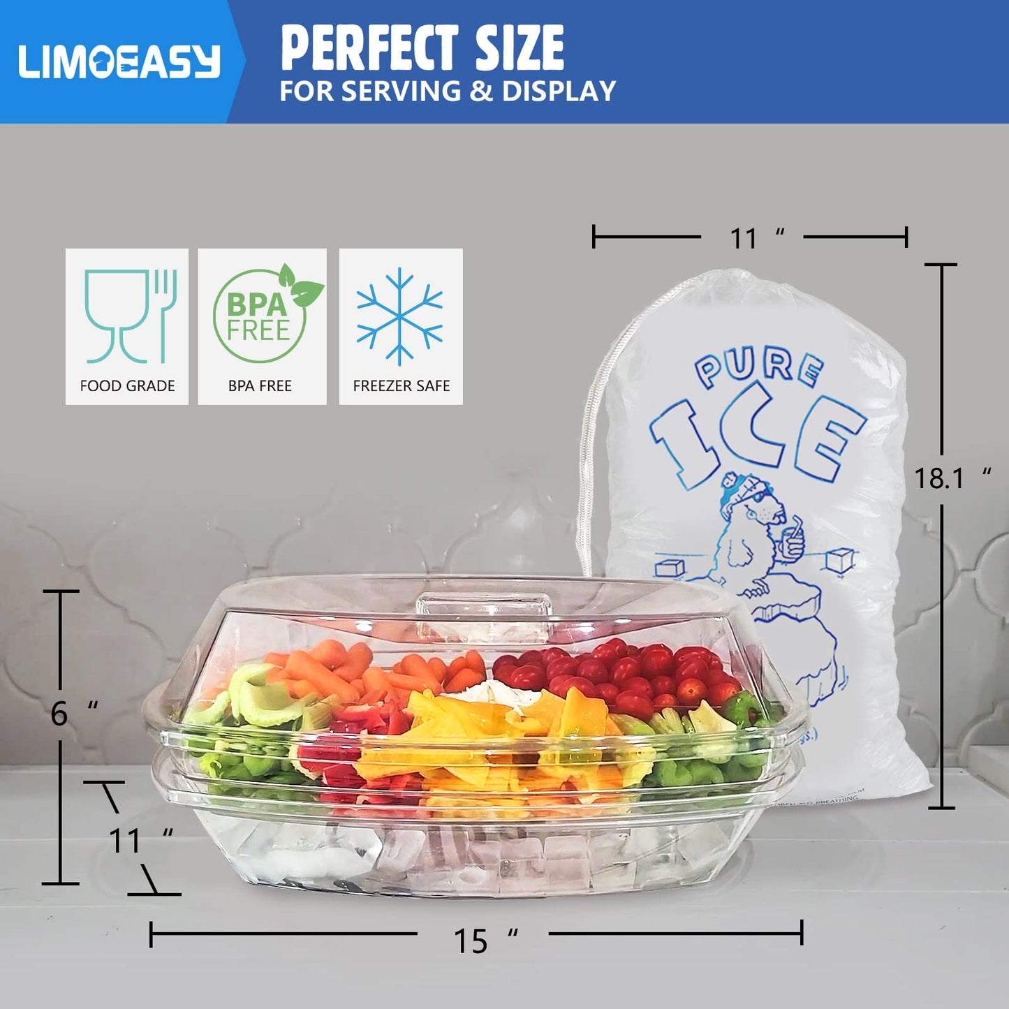 LIMOEASY Chilled Serving Tray, 15" Clear Plastic Party Platter with 4 Compartments, Ice Serving Bowl with Lid, Shrimp Cocktail Serving Dish, Cold Food Buffet Server for Fruit, Veggie, Appetizer, Sushi