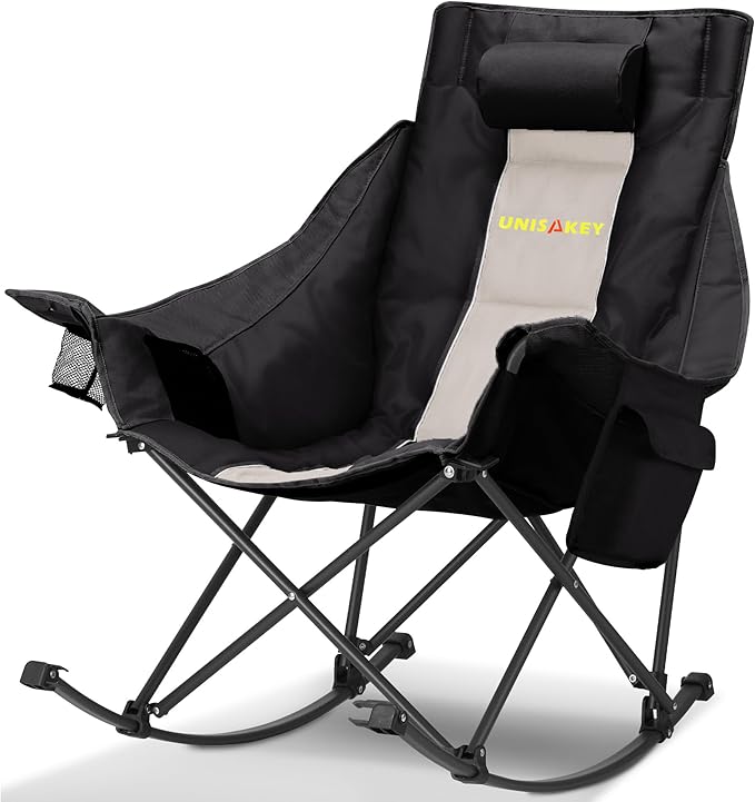 Oversized Rocking Camping Chair with Headrest & Cup Holder - 400lbs Capacity, 600D Oxford Fabric, Easy Fold Portable Outdoor Rocker Chair for Camping, Backyard, Beach, Light Gray