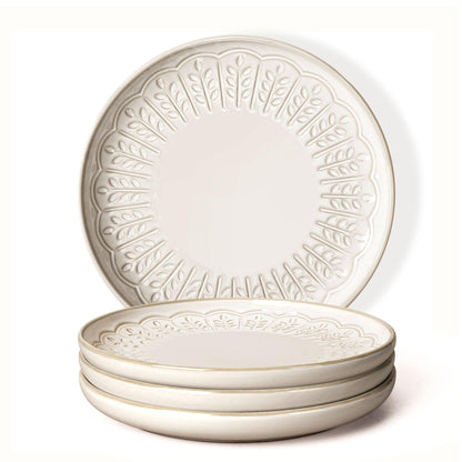 Artena Salad Plates Set Of 4, 8.5 Inch Embossed Ceramic Dinner Plates for Appetizer Dessert, Kitchen Plates With Lipped Edges, Microwave Oven Dishwasher Safe (Wheat Leaf)