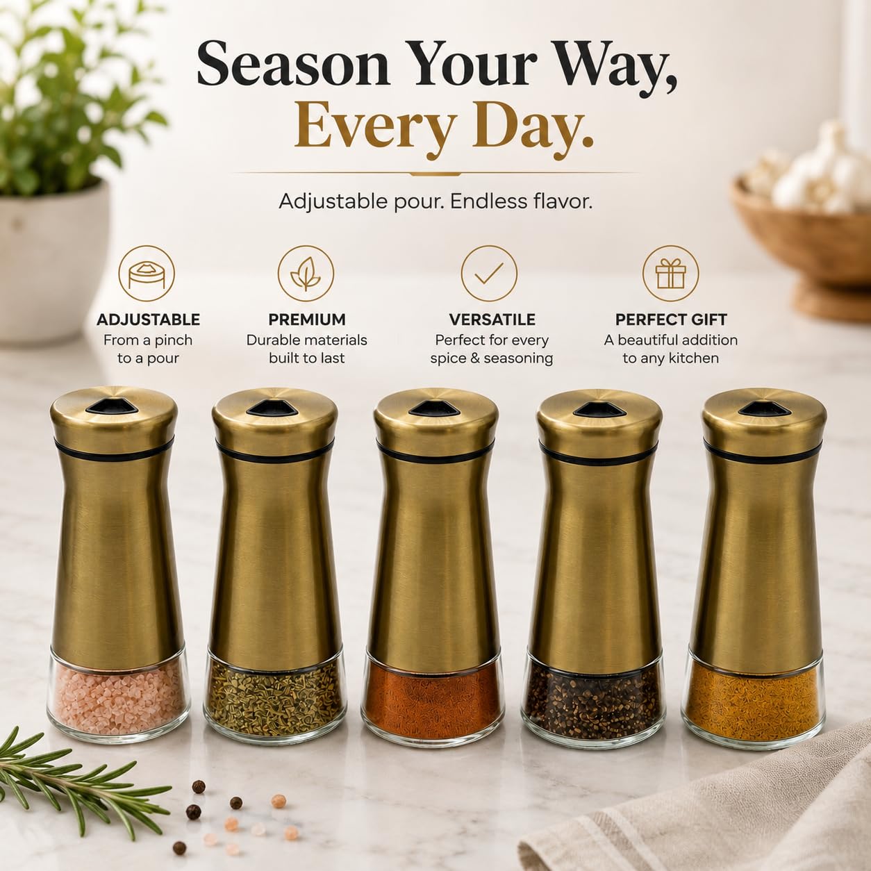 Elegant Gold Salt and Pepper Shaker Set Adjustable Pour Holes Stainless Steel and Glass Modern Design Adjustable Top Makes it the ideal Spice and Seasoning Dispenser Kitchen Sugar and Cinnamon Shakers