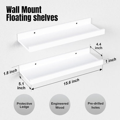 RICHER HOUSE 5 Set White Floating Shelves, Wall Mounted Shelves for Wall Decor, Modern Picture Ledge Shelf with Lip for Storage Nursery, Bedroom, Living Room, Bathroom - White