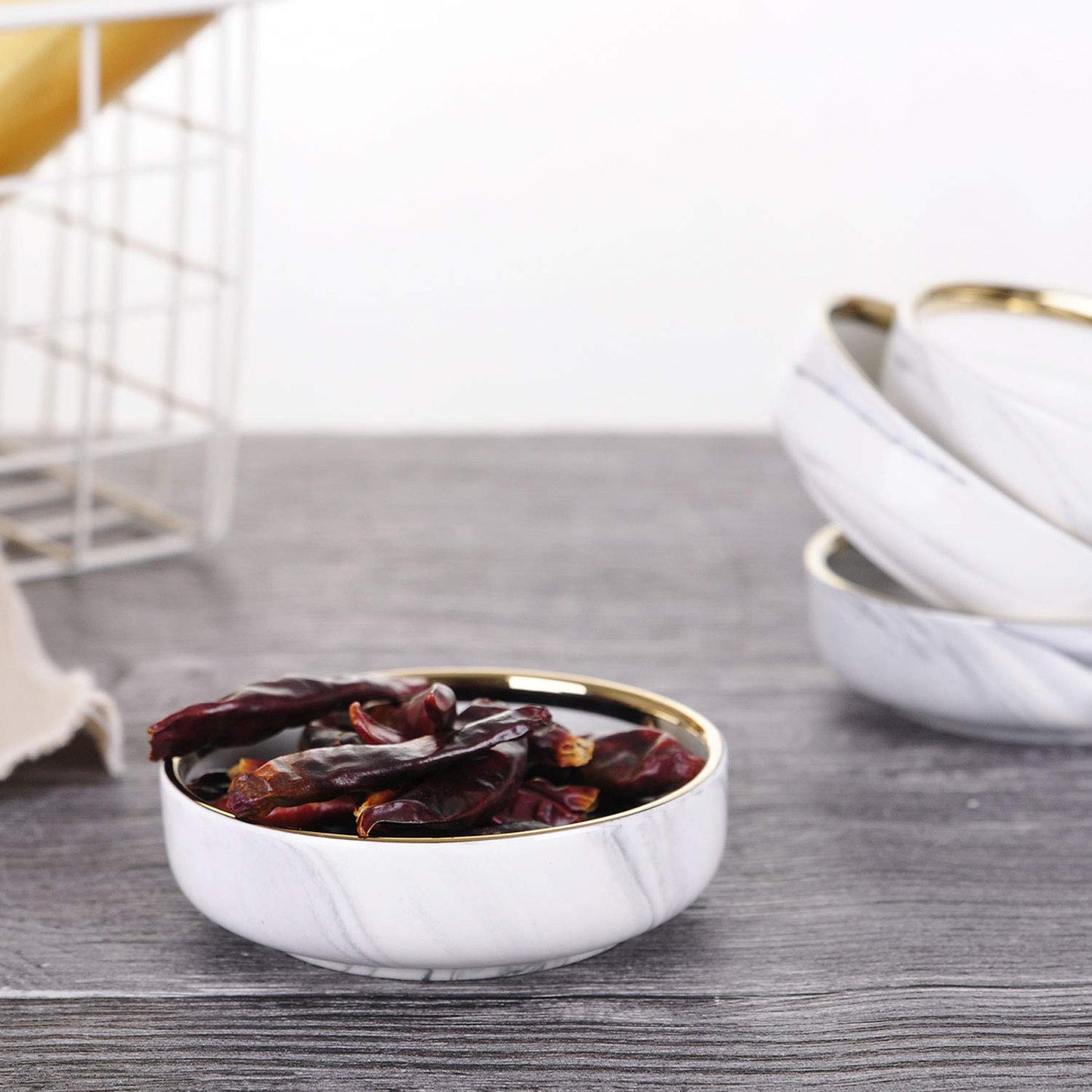 VanEnjoy 3.5 inches Marble Porcelain Side Dish Bowl Seasoning Dishes Soy Dipping Sauce Dishes-Set of 4, White with Gold Rim