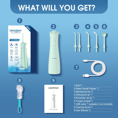 Leominor Water Dental Flosser - 5 Modes Cordless Portable Oral Irrigator, IPX7 Waterproof, Rechargeable Teeth Cleaner Upgrade Datchable Tank Professional Flossing Cleaning Pick for Home Travel (Black)