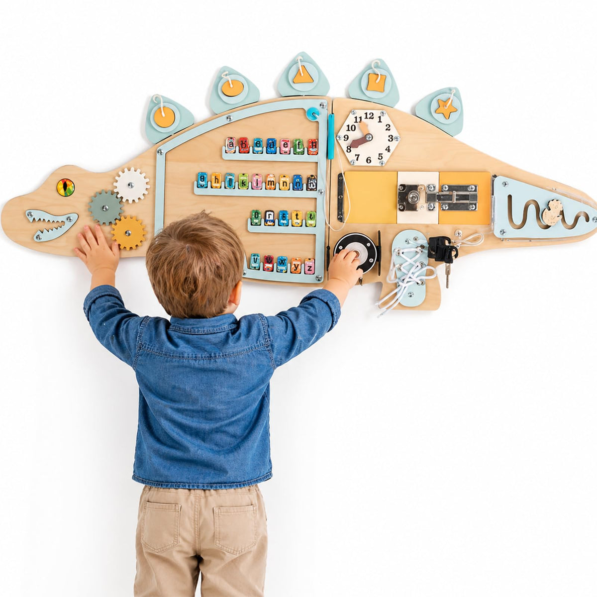 BROWNROOT Dinosaur Activity Wall Busy Board 11 in 1 Foldable Wooden Montessori Sensory Panel for Kids Wall Mounted Toddler Learning Activity Center for Playroom Daycare Nursery Classroom 3-6