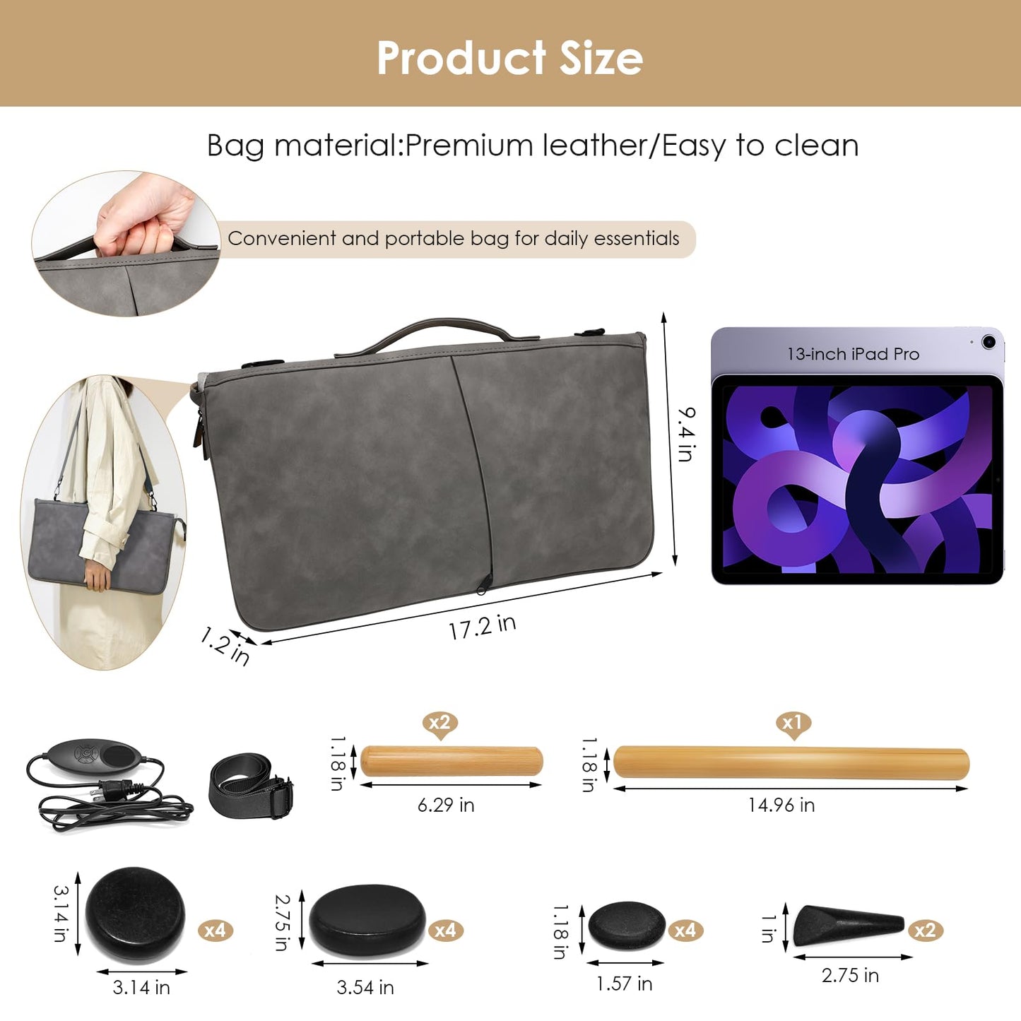 Freudeere 17 Pieces Massage Stones Set with Warmer Kit Hot Rocks Bamboo for Massage,Hot Stones Massage Warmer Kit with Temperature Control and Carry Bag (14 Stones and 3 Sticks)