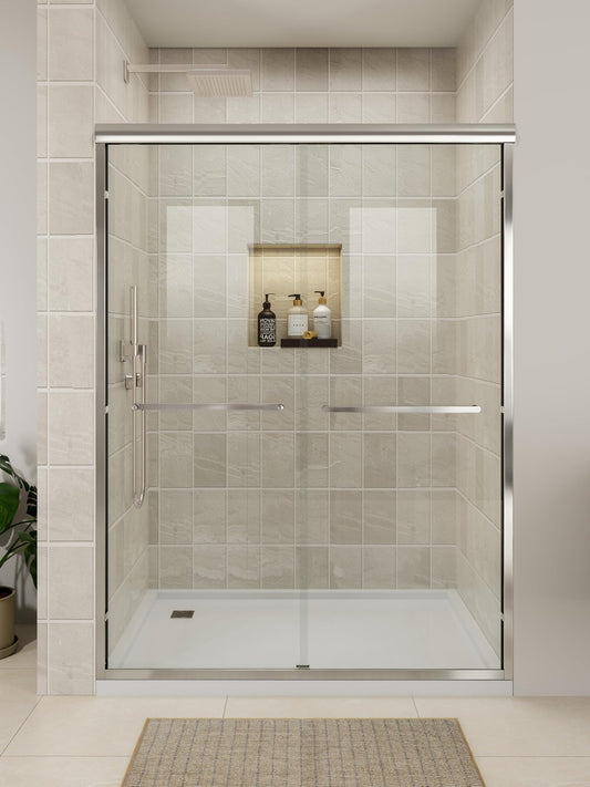 Glass Shower Door, 50-54" W x 72" H Sliding Shower Door, Aluminum Semi-Frameless & 1/4"(6mm) Clear Tempered with Explosion-Proof Film Nano Coating Shower Door Fit for Walk in Shower, Chrome Silver