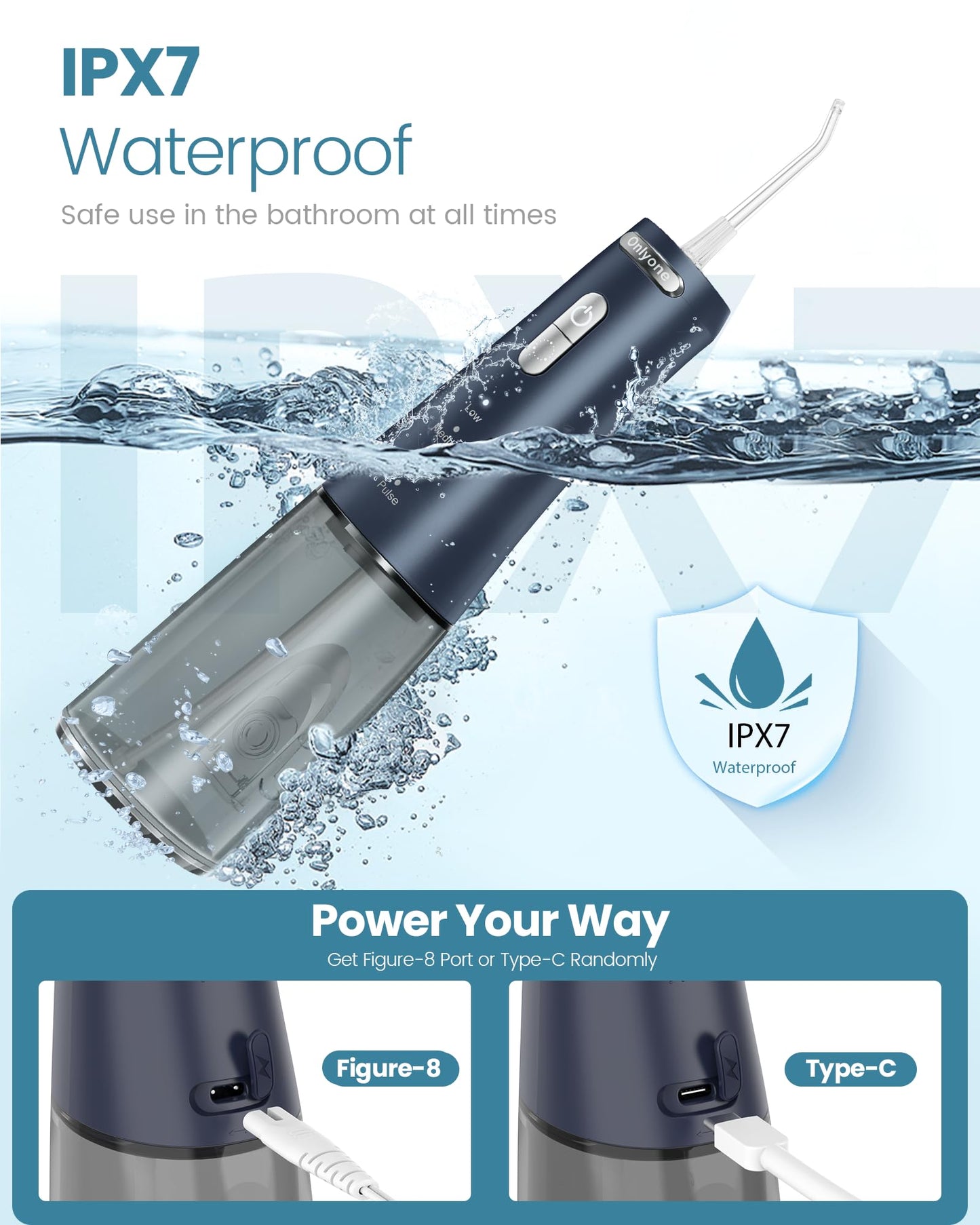 Onlyone Water Dental Flosser, 300ML Portable Oral Irrigator for Teeth, 4 Modes and 5 Jet Tips,Rechargeable Irrigation Cleaner,Electric Flossing Machine Power Flossers & Irrigator Accessories White