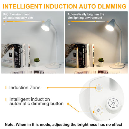 BOHON LED Table Lamp with USB Charging Port, 3 Color Modes Dimmable Reading Lamp, Automatic Dimming Task Lamp, Flexible Goose Neck Table Lamp for Dorm Bedside Table with Adapter, White