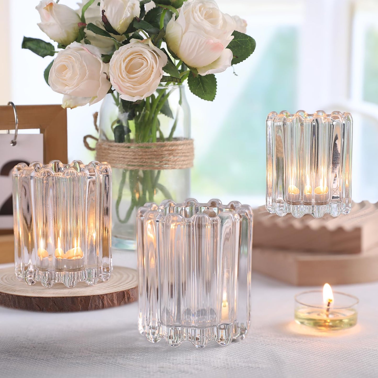 HAVITI Glass Clear Votive Candle Holder, Ribbed Votive Candle Holders Set of 6, Tealight Candle Holder for Wedding Centerpieces Dinner Party Table Decor