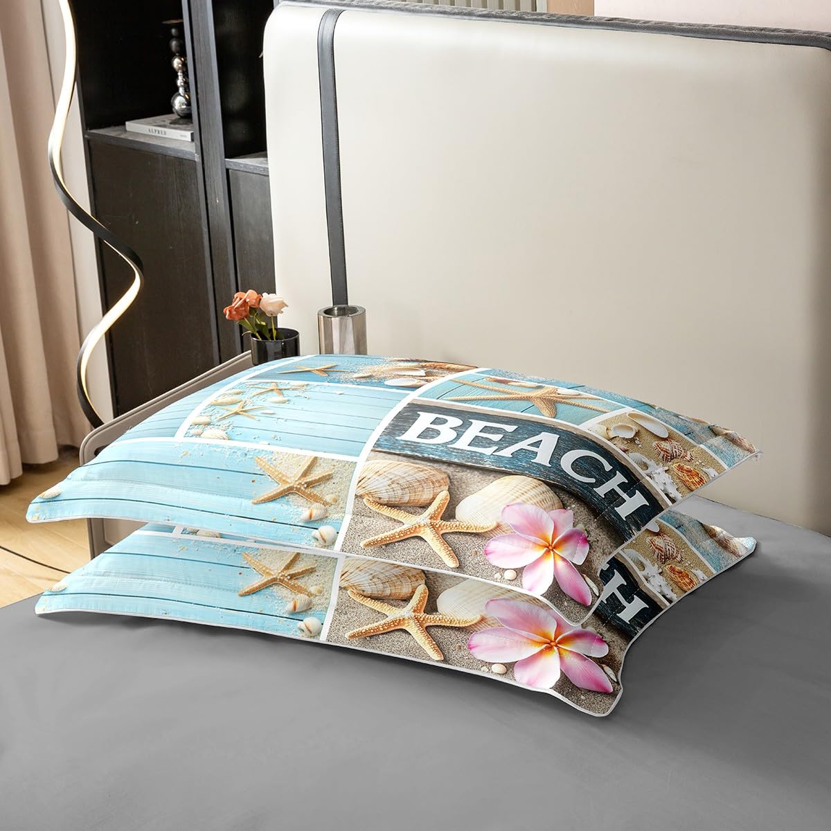 100% Cotton Hawaii Bed Sets Starfish Seashell Duvet Cover Pink Cherry Blossom Bedding Set Twin Coastal Sealife Patchwork Comforter Cover Farmhouse Decor Lodge Cabin Bed Cover with Zipper Closure