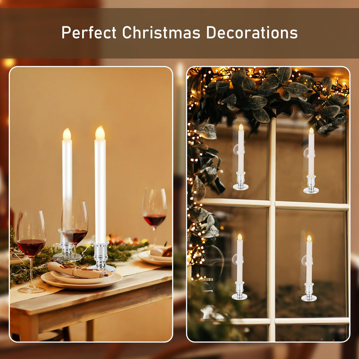 Qmioti 12 Pack Christmas Window Candles, Battery Operated Window Candles with Timer Remote, LED Window Candle with Candle Holders Suction Cups for Christmas Decorations, Silver