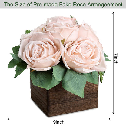 DIYDOFUN Dining Table Centerpiece Set of 6 - Pre-Made Aritifial Rose with Wooden Vase Fake Floral Arrangment Faux Flower for Wedding Bridal Tea Party Event Decorations - Boho