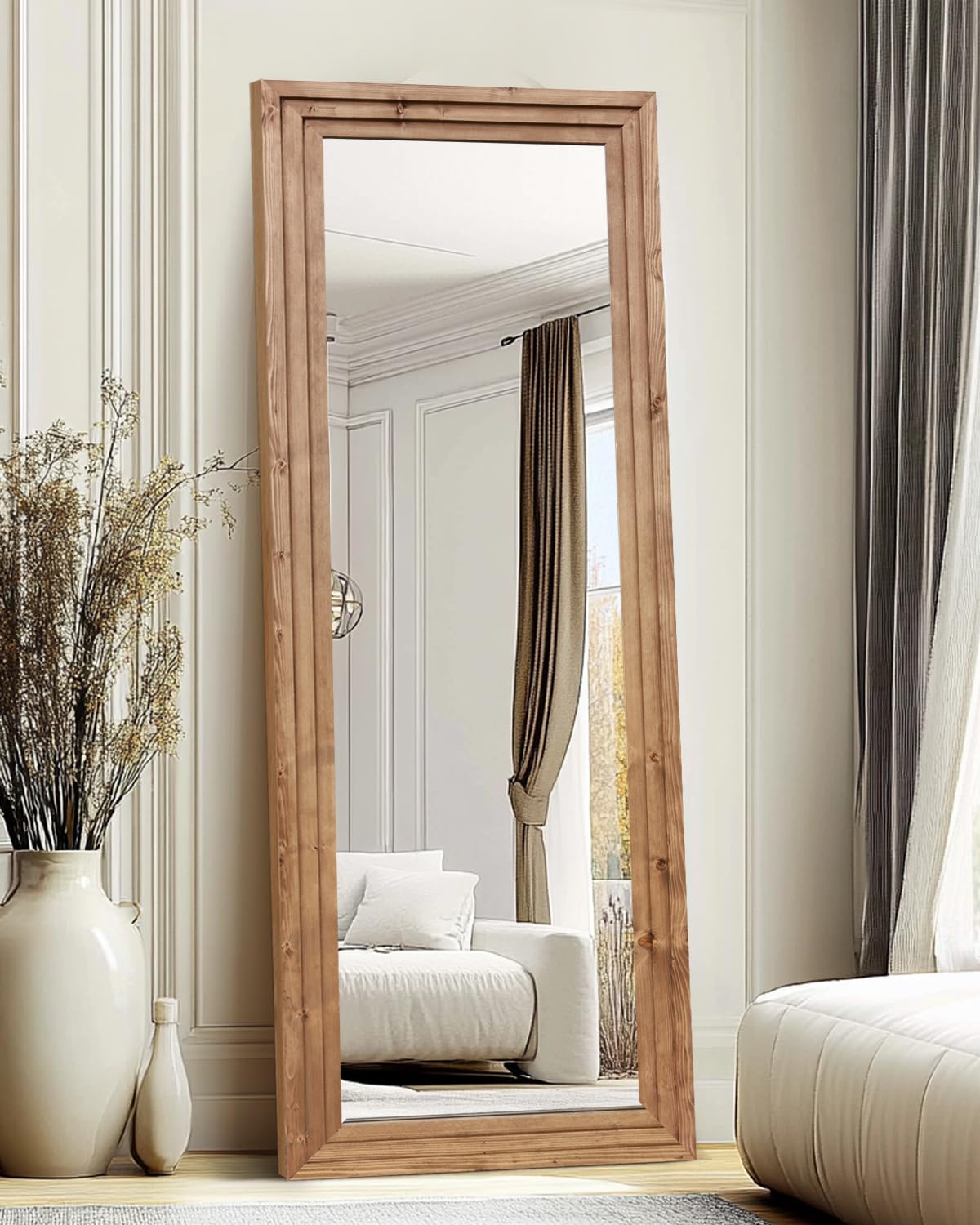 ABSWHLM Full Length Mirror 65"x24" Solid Wood Frame Floor Large Mirror for Living Room, Bedroom Hanging or Leaning Wall-Mounted, Light Brown