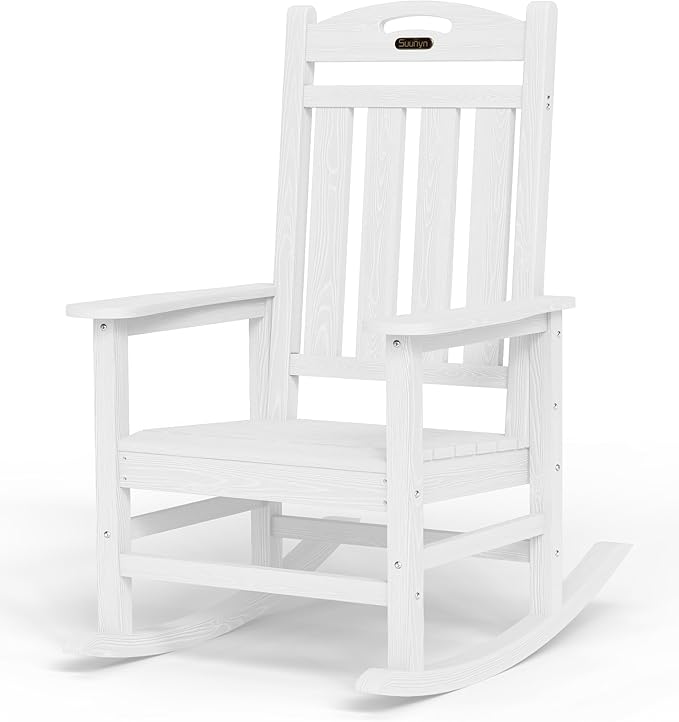 Oversized Outdoor Rocking Chair, High Back Patio Rocking Chair, HDPE All Weather Resistant Rocking Chairs for Patio,380lbs Weight Capacity, White