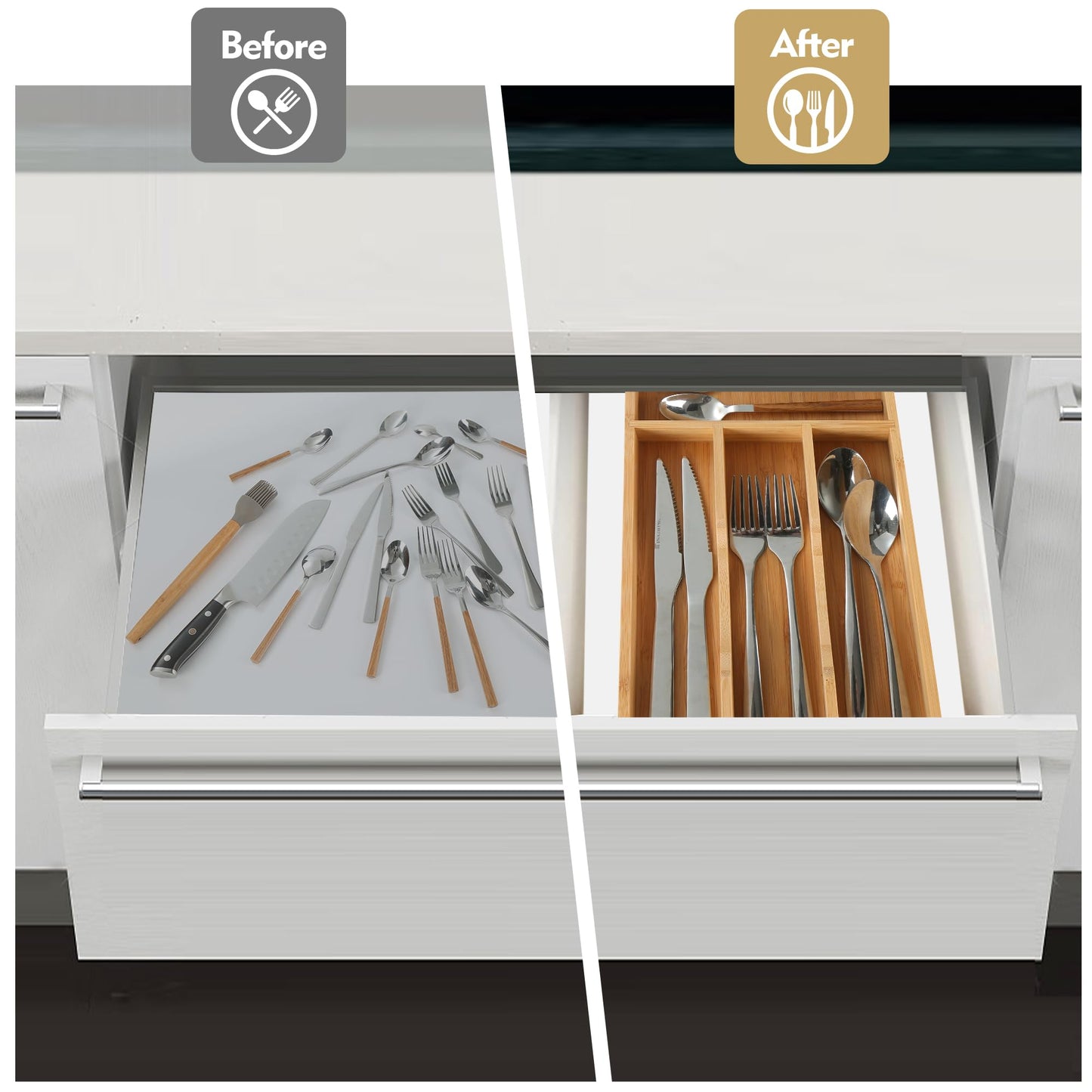 Bamboo Kitchen Drawer Organizer, 9 Inch Silverware Utensil Holder for Samll Drawer, Narrow Silverware Organizer for Cutlery Knives