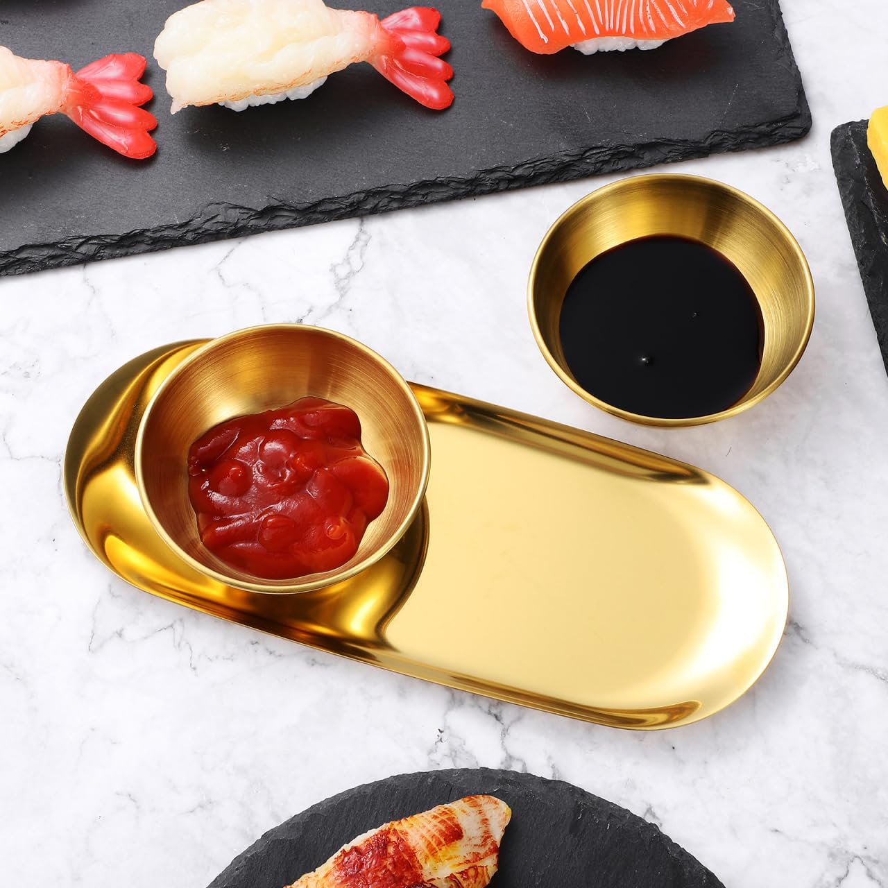 AUTSUPPL Gold Stainless Steel Sauce Bowl Tray Set with 6 Small Dipping Bowls and 2 Decorative Oval Trays for Sushi Seasoning and Home Dining