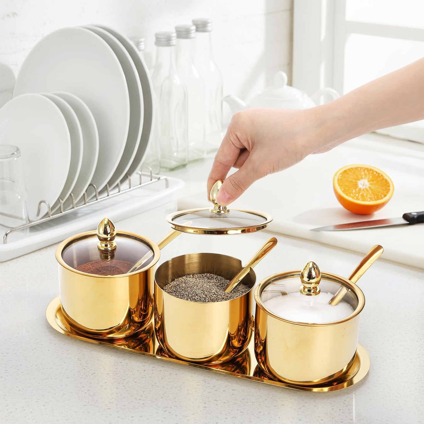 Hedume Set of 3 Grids 304 Stainless Steel Seasoning Containers with Glass Lid Spoon and Tray, 11 oz Gold Condiment Jar Spice Container, Condiment Canisters Pots for Serving Sugar, Pepper, Salt, Candy