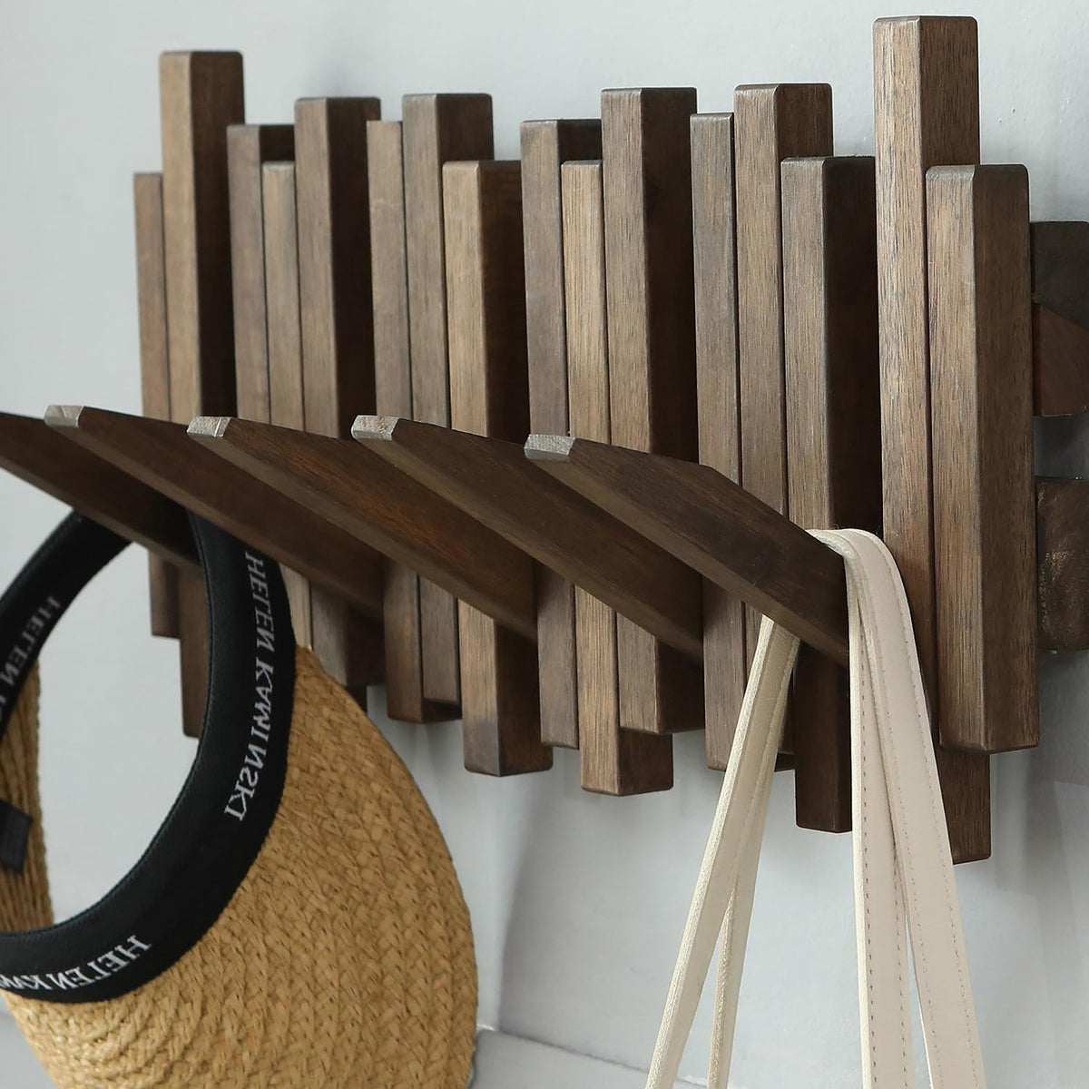 GOGREEBELL Wall Mounted Piano Coat Rack| Coat Rack Wall Mount| Flip Down Hook Rack 5 Hooks| Entryway Wall Art Hook,Made of Acacia Wood (Wood Wax Oil Dyed Walnut Color).Wall Art