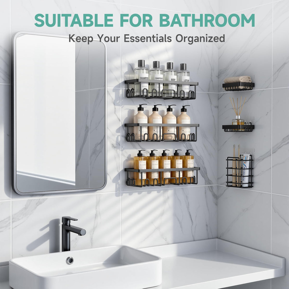 Veken Shower Caddy 6-Pack, Advanced Rustproof Design, No Drilling Adhesive Shelves, Rack with Soap Holder, Large Capacity Bathroom Organizers and Storage, Wall-Mounted Kitchen & Home Decor