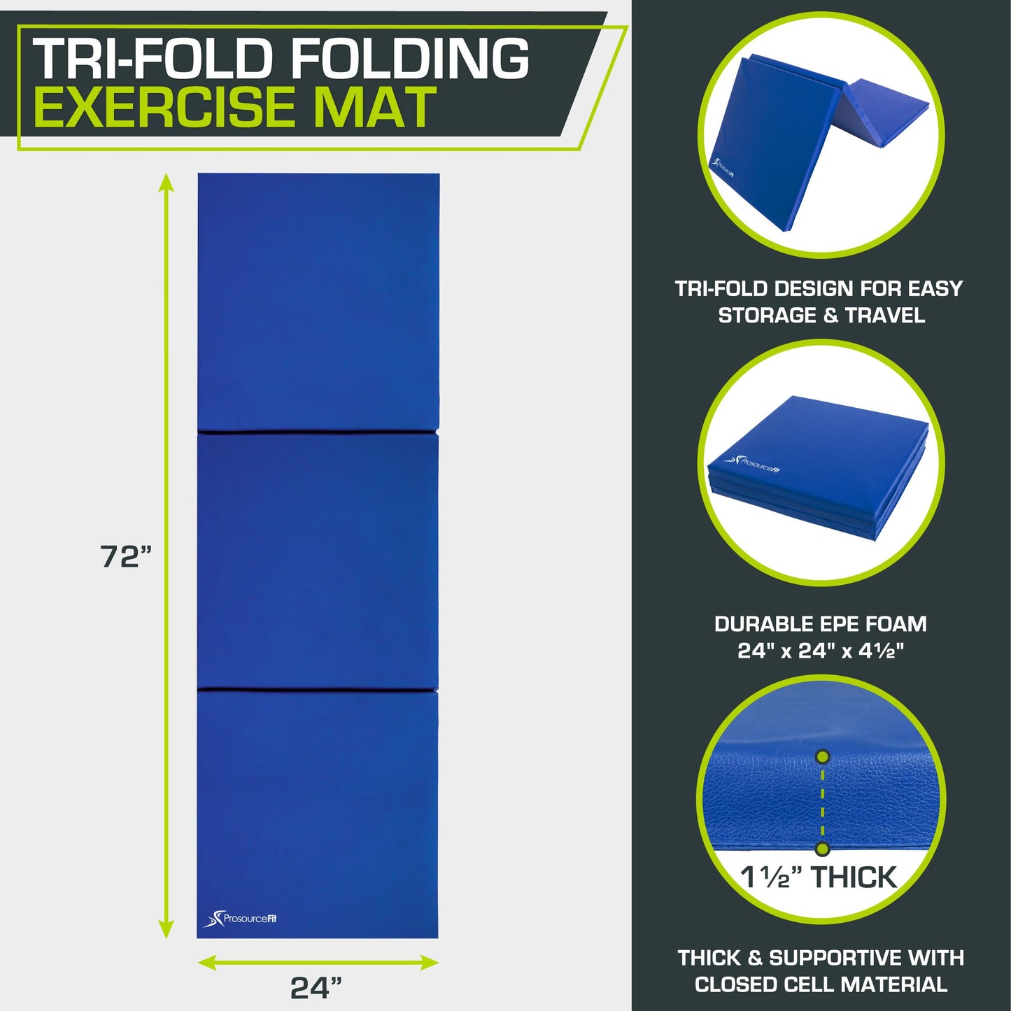 ProsourceFit Tri-Fold Folding Thick Exercise Mat 6’x2’ with Carrying Handles for MMA, Gymnastics Core Workouts