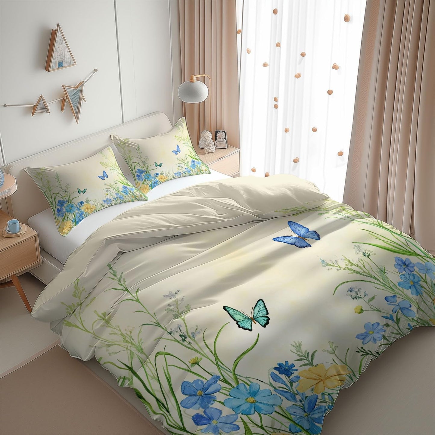 Twin Duvet Cover Set - Countryside Flower Field Butterfly Bedding Beige, 2 Piece Set with Zipper Closure, Easy Care Breathable Cozy, 1 Duvet Cover 68 x 90 inches and 1 Pillow Shams