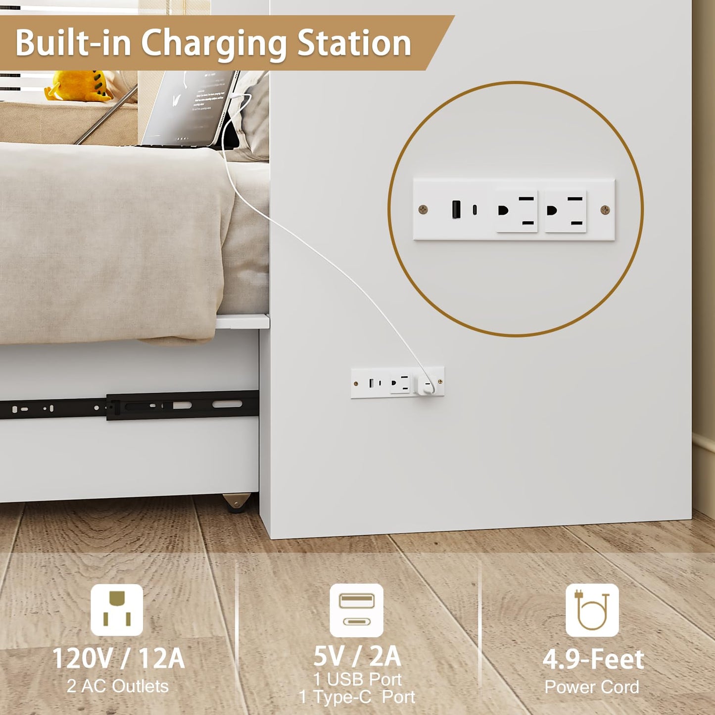 LIVAUVEAD Queen Murphy Bed with Storage & Charging Station, Murphy Cabinet with Foldable Panel, Noisy Free, for Guest Bedroom, Living Room, Office, Distressed White