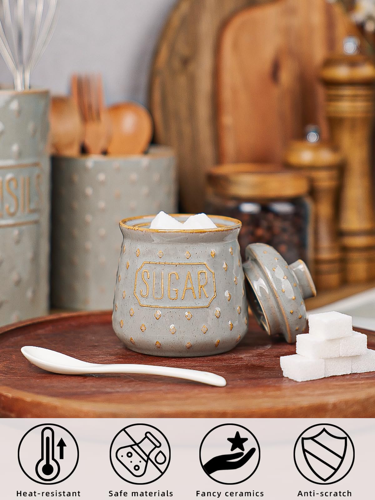 QUXIJA Ceramic Sugar Bowl with Lid and Spoon 10oz, Sugar Container (Vintage Grey)