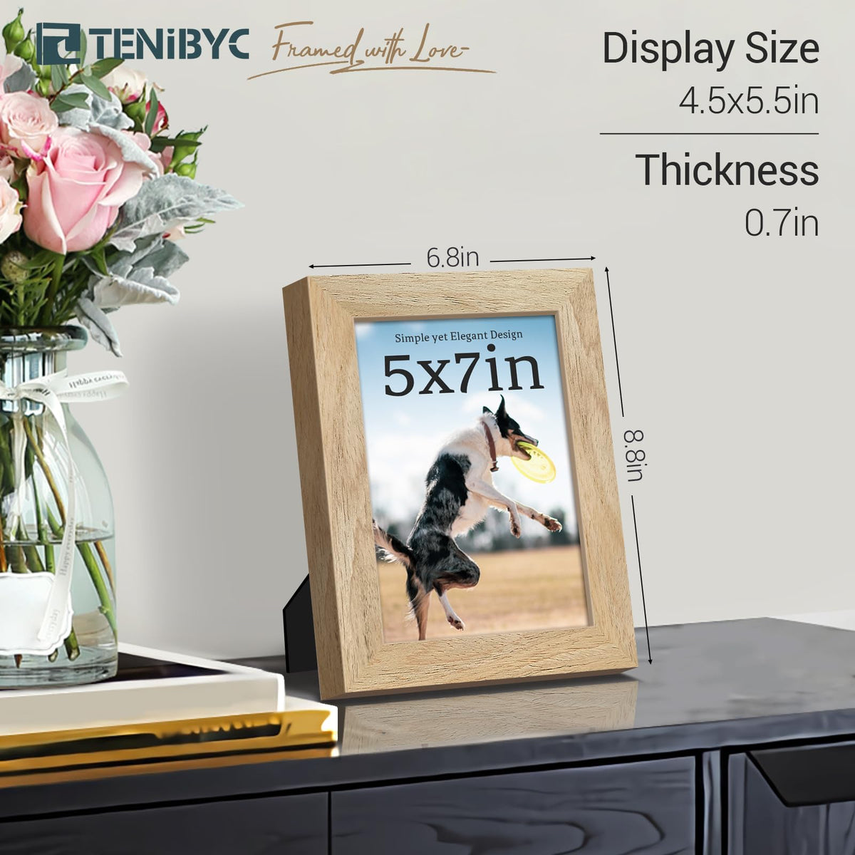 TENIBYC 5x7 Picture Frame 4 Pack, Natural Wood Photo Frame, HD Tempered Glass, Table Display or Wall Hanging