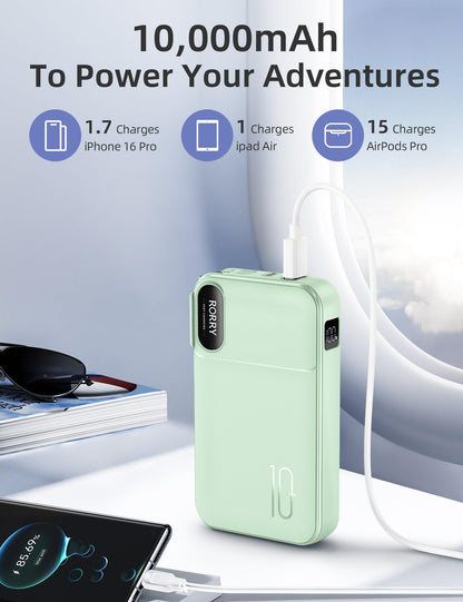 RORRY Portable Charger Built in Cables, AC Wall Plug In Portable Charger Power Bank 10000mAh Travel Battery Pack 22.5W Fast Charging for iPhone 17/16/15 Samsung Galaxy S25/S24/S23 Pixel LG iPad, Green