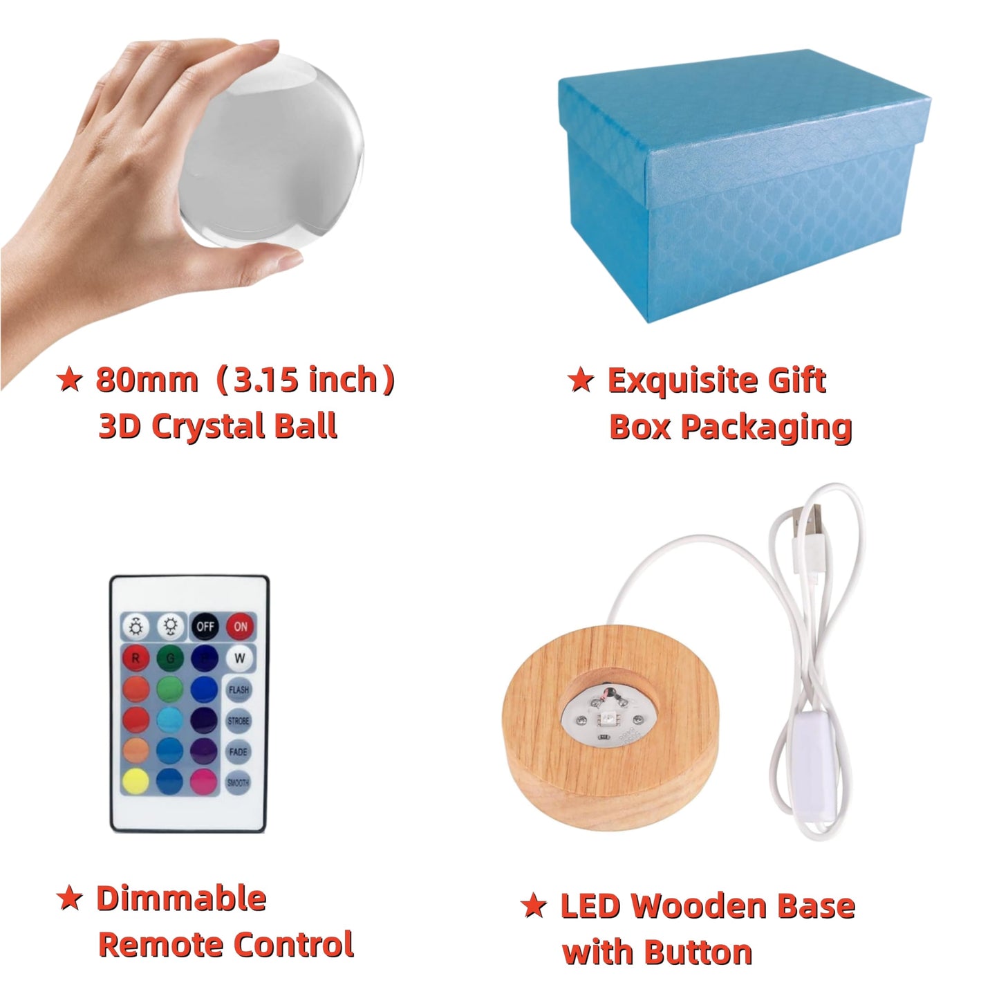 3D Crystal Ball Lamp, Upgraded 3.15 Inch Crystal Ball Night Light with 16 Colors LED Wooden Base, Remote Control, Gift Box Packaging, Home Decor Gift