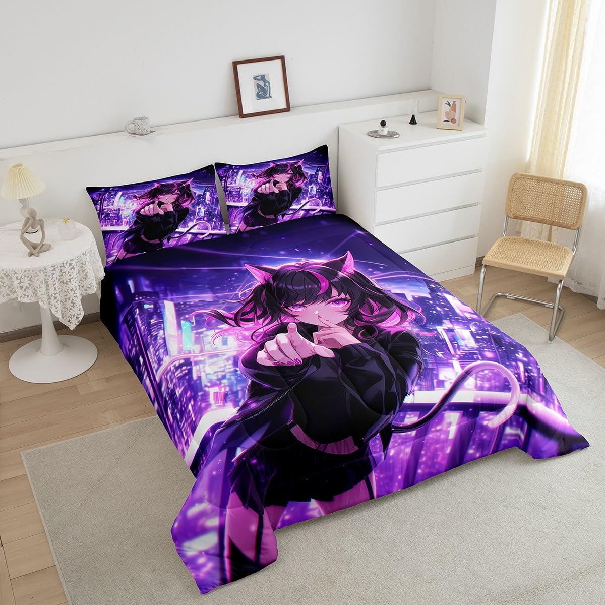 Erosebridal Kids Anime Girl Full Size Bedding Set, Japanese Anime Comforter Set, Cartoon Girl Duvet Insert for Boys Teens Bedroom Decor, Kawaii Japanese Animation Quilt with 2 Pillow Cases