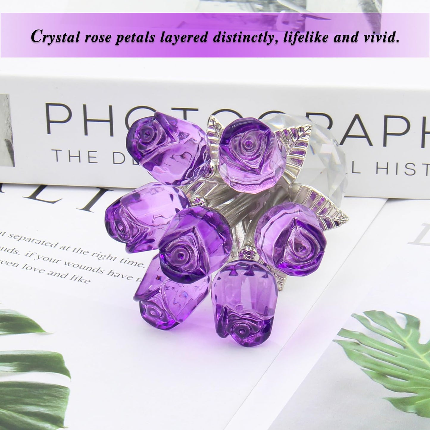 FINGHU Figurine Crystal Purple Rose Flower Collectible Figurine, Rose Gift for Women Glass Flower Statues Decor Valentine's Day Mother's Day Thanksgiving Anniversary and Birthday Gifts