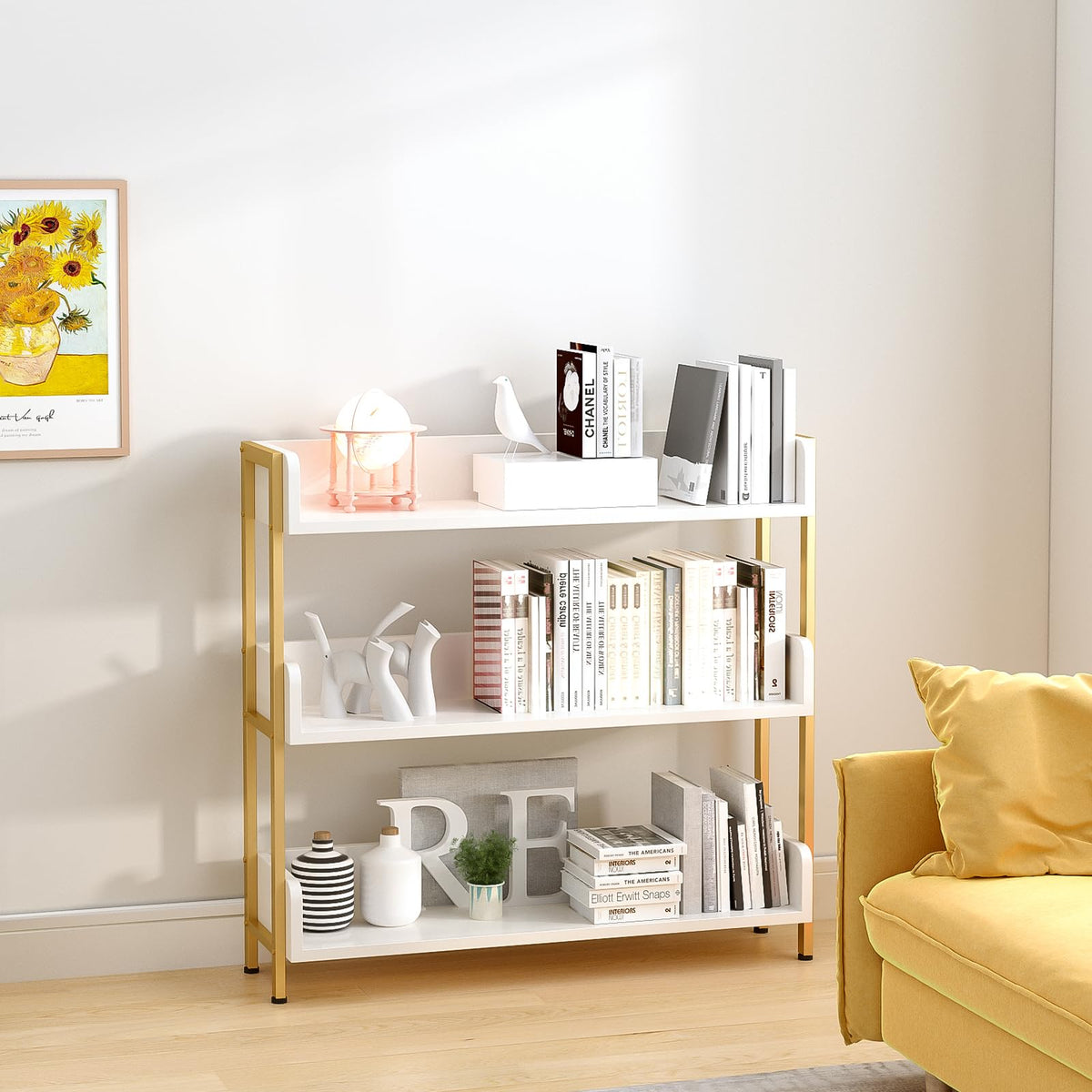OSCHF Wide Open Shelf Bookcase - Modern 3-Tier Floor Standing Display Bookshelf with Three-Side Panels for Home and Office, Storage Shelving in Warm White with Gold Frame