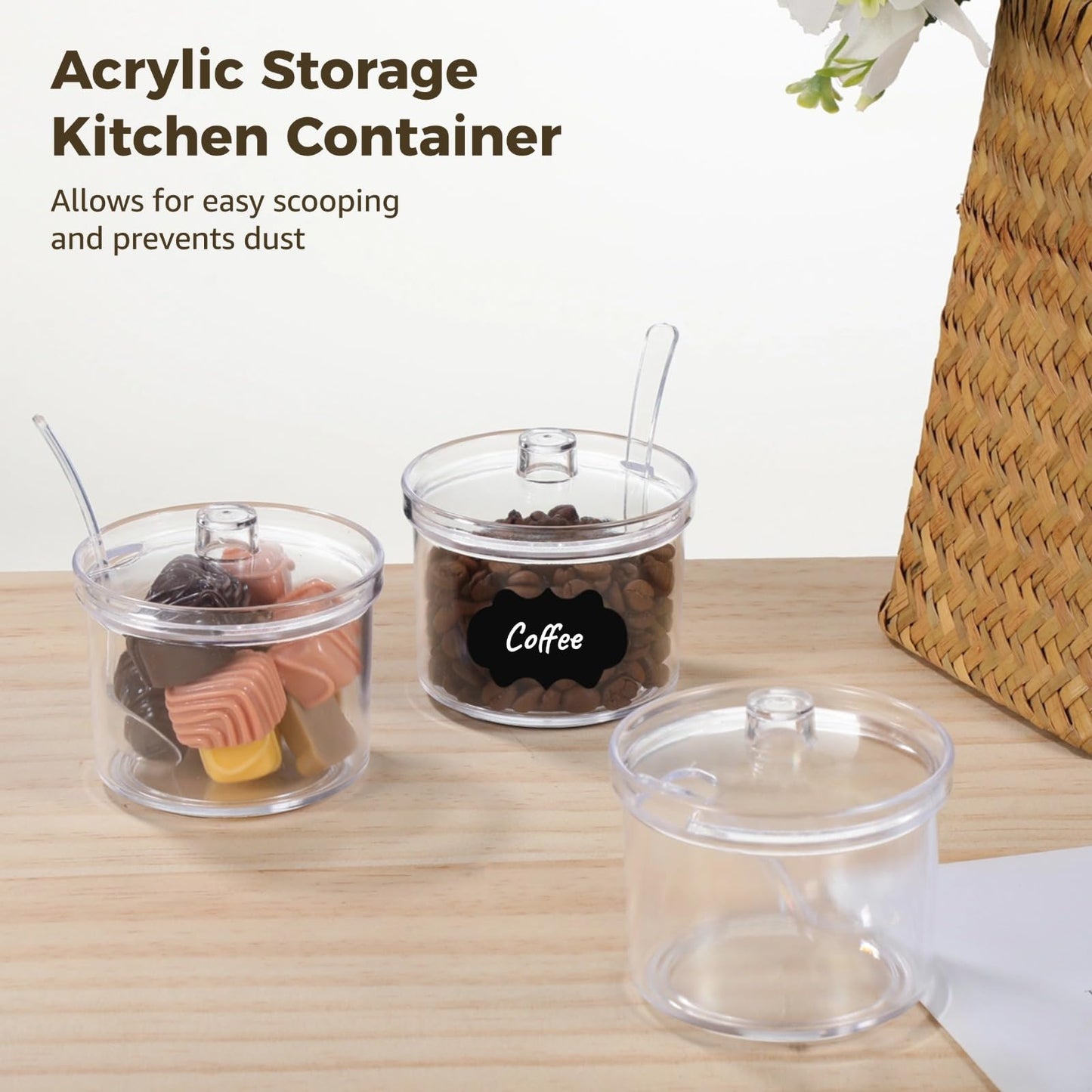 Homaisson 12 PCS Ice Cream Topping Containers with Lids - 6.7 oz Acrylic Clear Sugar Bowl for Countertop with Lid and Spoon, 200 ml Canisters with 24 Labels & Pen for Coffee Tea Tea Spice