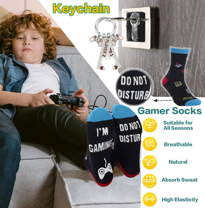 Guguden 7 PCS Easter Basket Stuffers Gamer Gifts for Men,Easter Gift Ideas Gaming Gift Box for Boyfriend Teens Dad Brother, Cool Gaming Stuff Accessories, Video Game Things Tumbler Keychain Socks