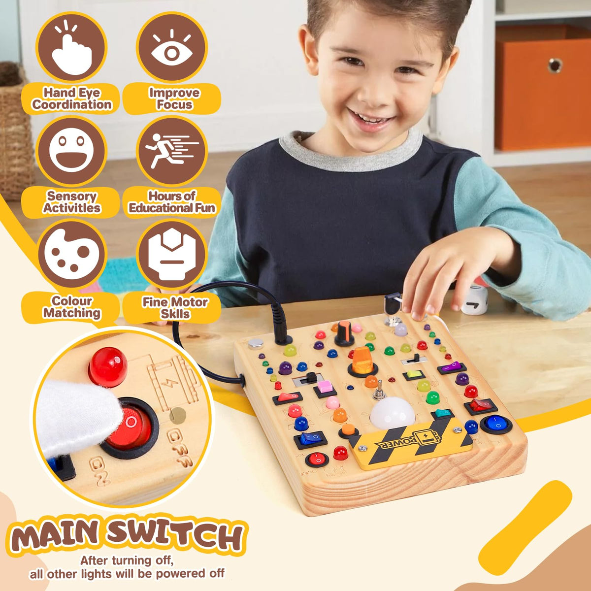 Busy Board with LED Light Switches, Montessori Toys for 1 2 3 Years Old, Toddlers Wooden Toy Sensory Activity Board, Travel Toys for 1+ Year Old Boy & Girl Birthday Gift (19 Switches)