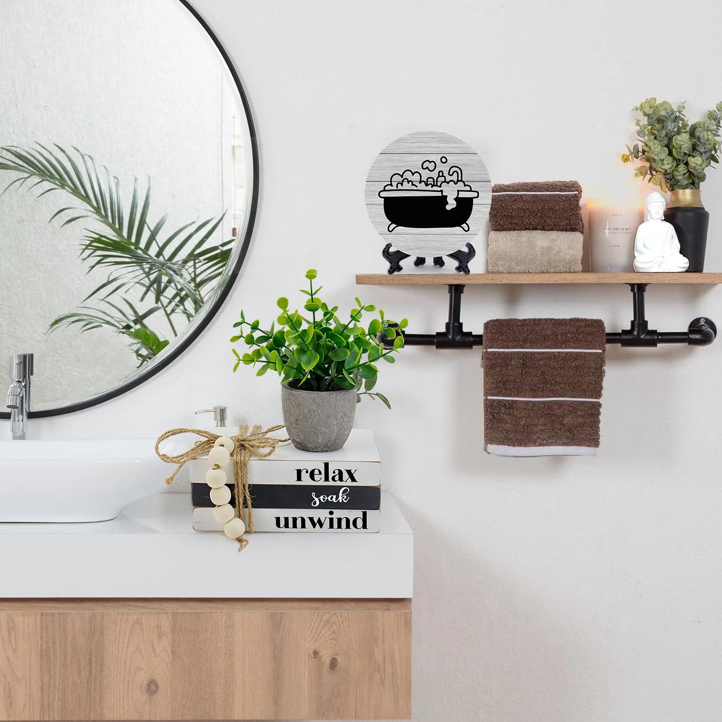 Bathroom Shelf Decor, Modern Farmhouse Bathroom Decor, Funny Wooden Rustic Decor for Restroom Shelf Guest Bath (Relax Soak Unwind)