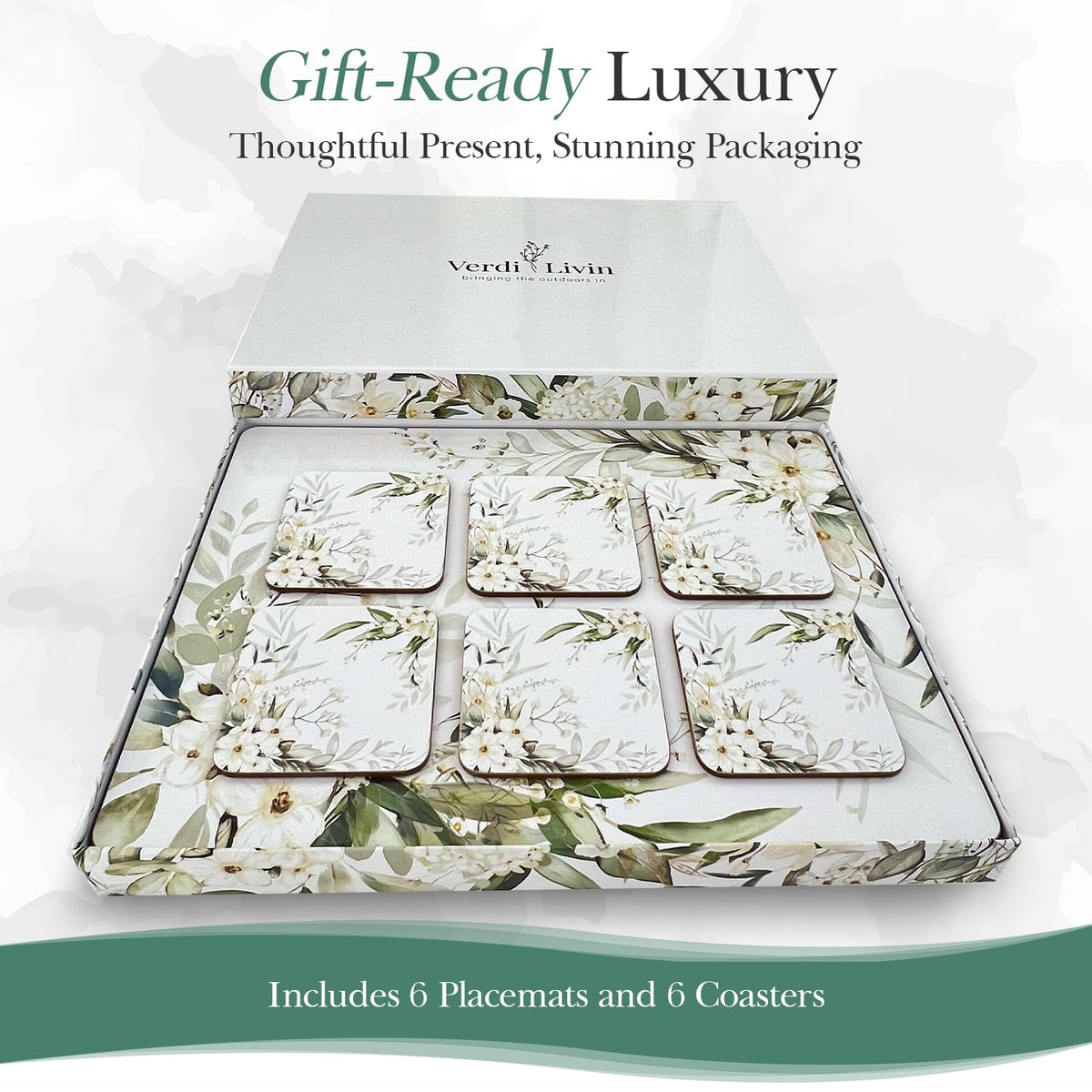 Verdi Livin Cork Placemats Set of 6 Matching Coasters I Heat Resistant Place Mats for Dining Table 16" x 12", Cork Backed, Wipeable White Lily Design