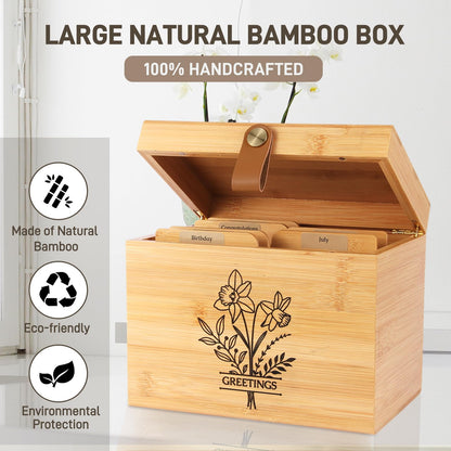 Large Bamboo Greeting Card Organizer Box with 6 Removable Dividers, Real Leather Handle, 100% Handmade Solid Bamboo, Storage Box for Christmas, Valentine, & Birthday Cards, Postcards, Stationery