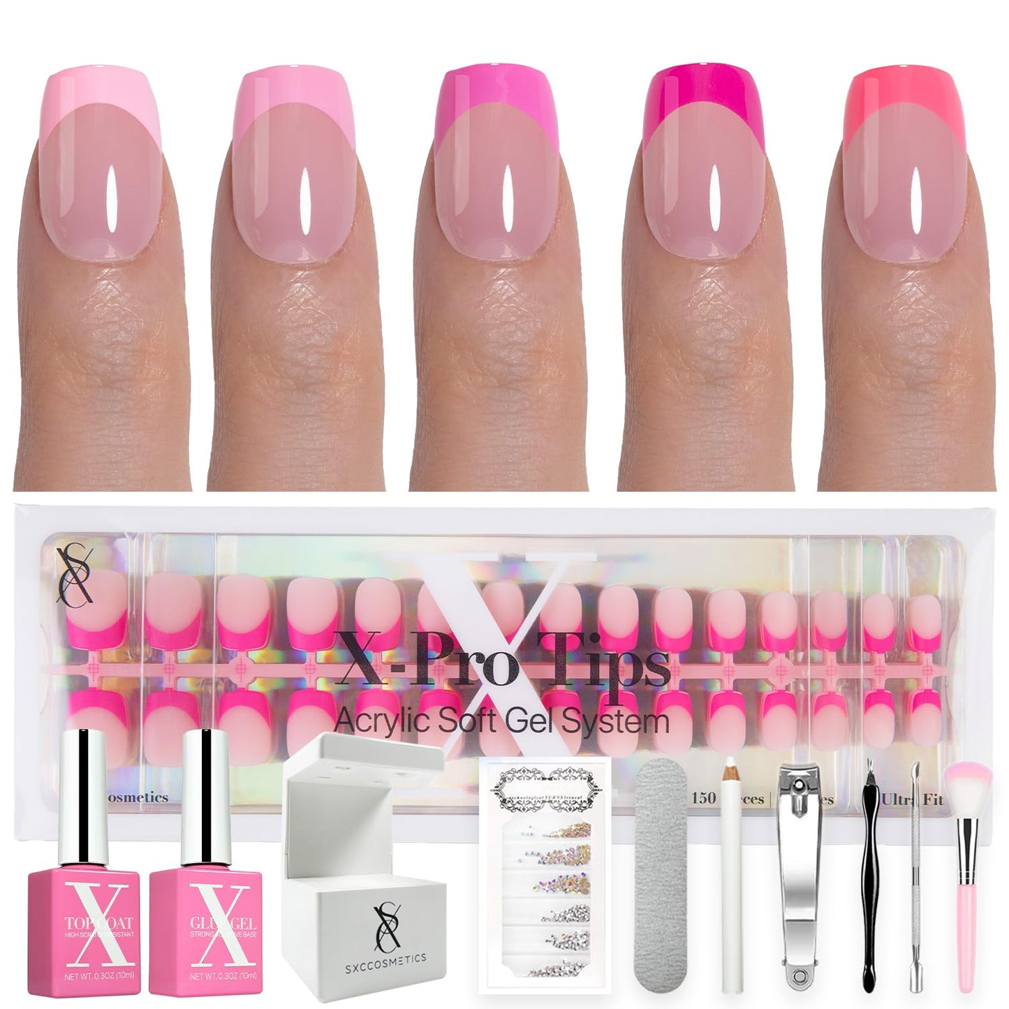 SXC Cosmetics French Tip Press On Nails - Skin Tone Nude and Color Series, Short Coffin X-Pro Tips Starter Kit ST119KIT