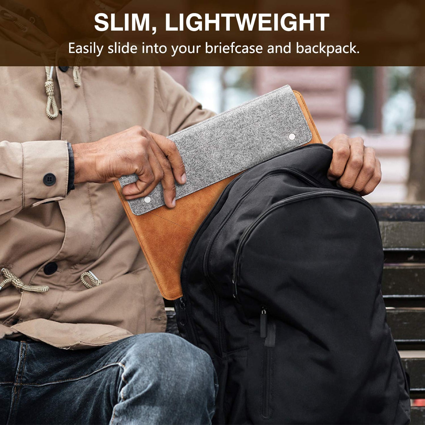 MoKo 13-13.3 Inch Laptop Sleeve Fits Macbook Pro M1 Pro/M1 Max 14.2 2021, iPad Pro 12.9 2021, Surface Pro 9, Felt & PU Leather Case Bag with Pocket, Gray&Brown