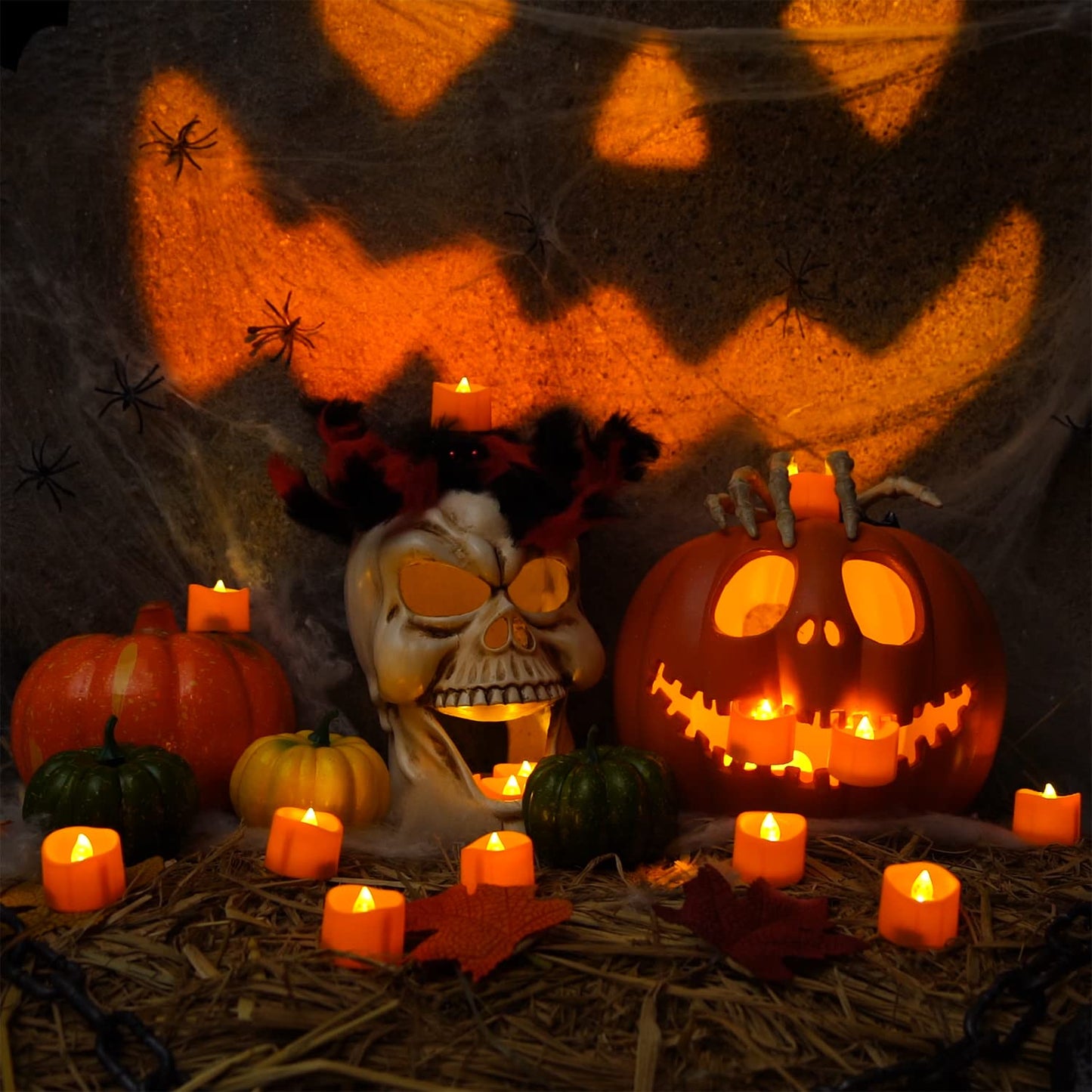 Homemory Halloween 24 Pack Orange Tea Light Candles, Battery Operated LED Tealights, Small Pumpkins Lights, Flameless, Electric Fake Tea Candles
