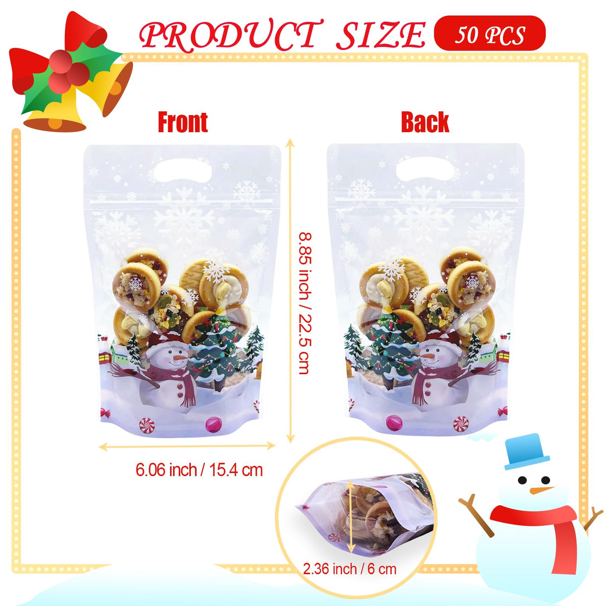 Rikolto Resealable Christmas Zip Lock Bags 50PCS Clear Christmas Cookie Snowman Plastic Sealing Bags with Handles for Xmas Holiday Party Candy Small Gift Wrapping Supplies Decor